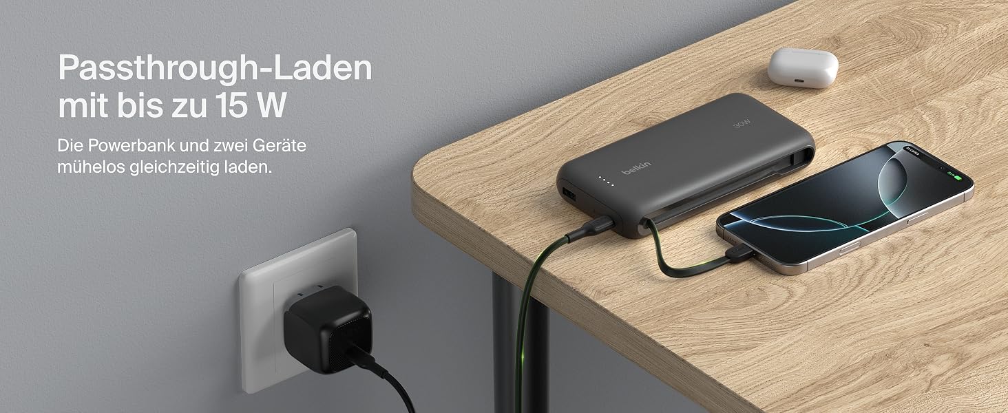 Зовнішній акумулятор Belkin Portable Powerbank 20000 mAh 30W з вбудованим кабелем USB-C PD для iPhone 16, iPad Pro, Samsung Galaxy S25, чорний
