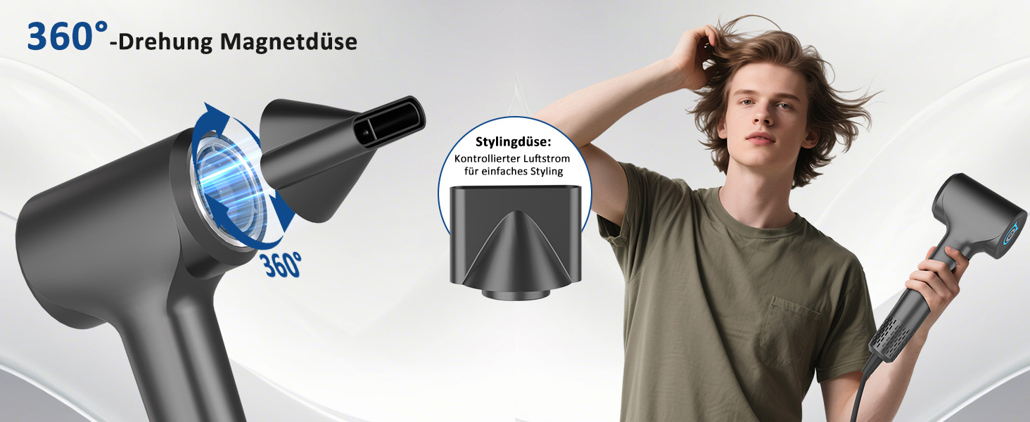 Föhn Ionen Supersonic Hair Dryer: 200 Million Negative Ion Hair Dryer with Quiet, Fast 110,000 RPM Motor, 57dB, Intelligent Thermostat for Travel - Dark Gray