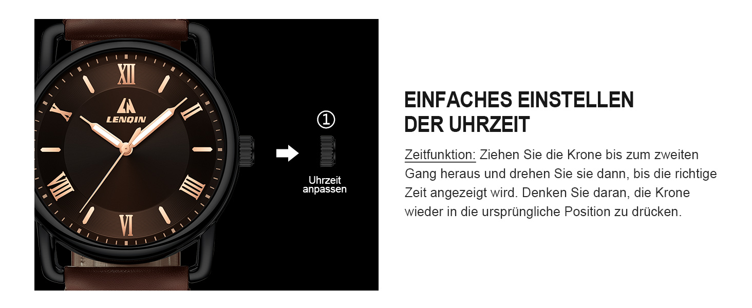 Чоловічий годинник LN LENQIN: аналоговий кварцовий годинник для чоловіків, водостійкий (30м), шкіряний ремінець, чорний/коричневий, бізнес-стиль