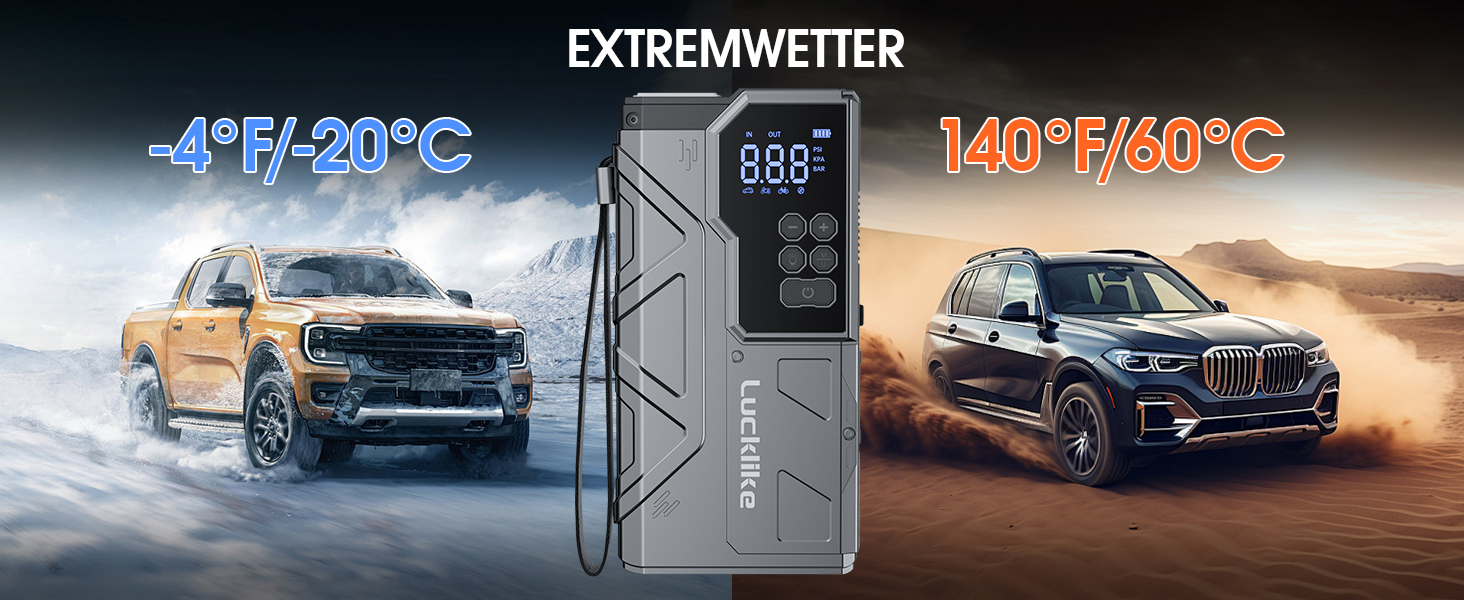 Powerbank з компресором Lucklike для авто, 4000A, LED-ліхтарик, бустер для 10.0л бензинових та 8.0л дизельних двигунів, підходить для SUV, мотоциклів та газонокосарок