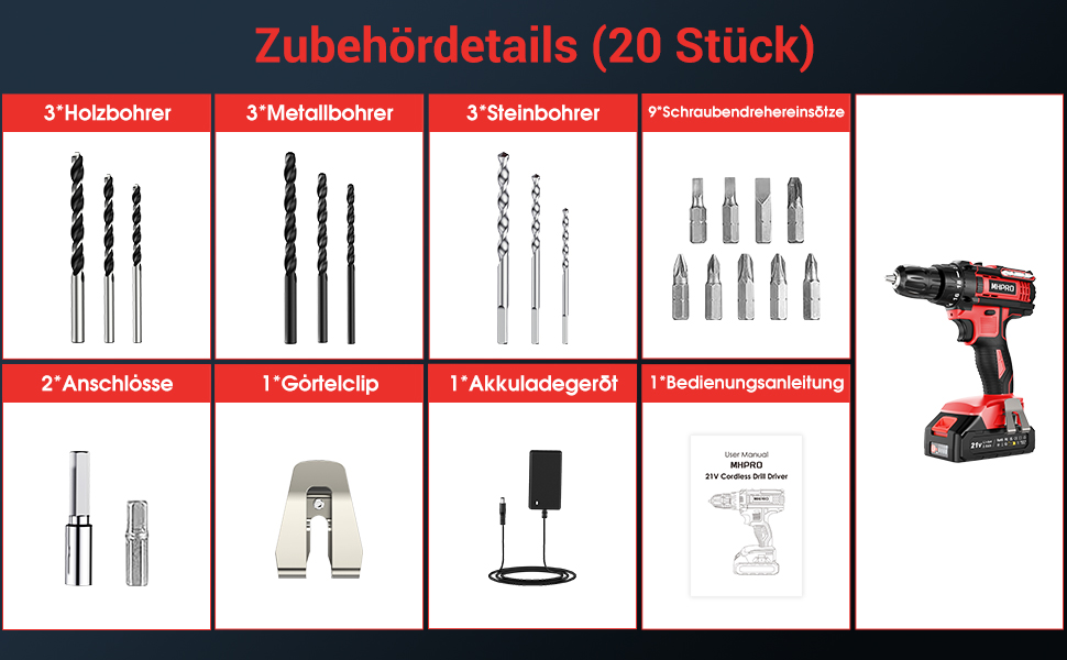 Акумуляторний шуруповерт 21V з набором 2 акумуляторів та 14 аксесуарів, кейс, 42Nm, 18+1 режимів, 2 швидкості, патрон 10мм, для дому (21VEU-1Akku)