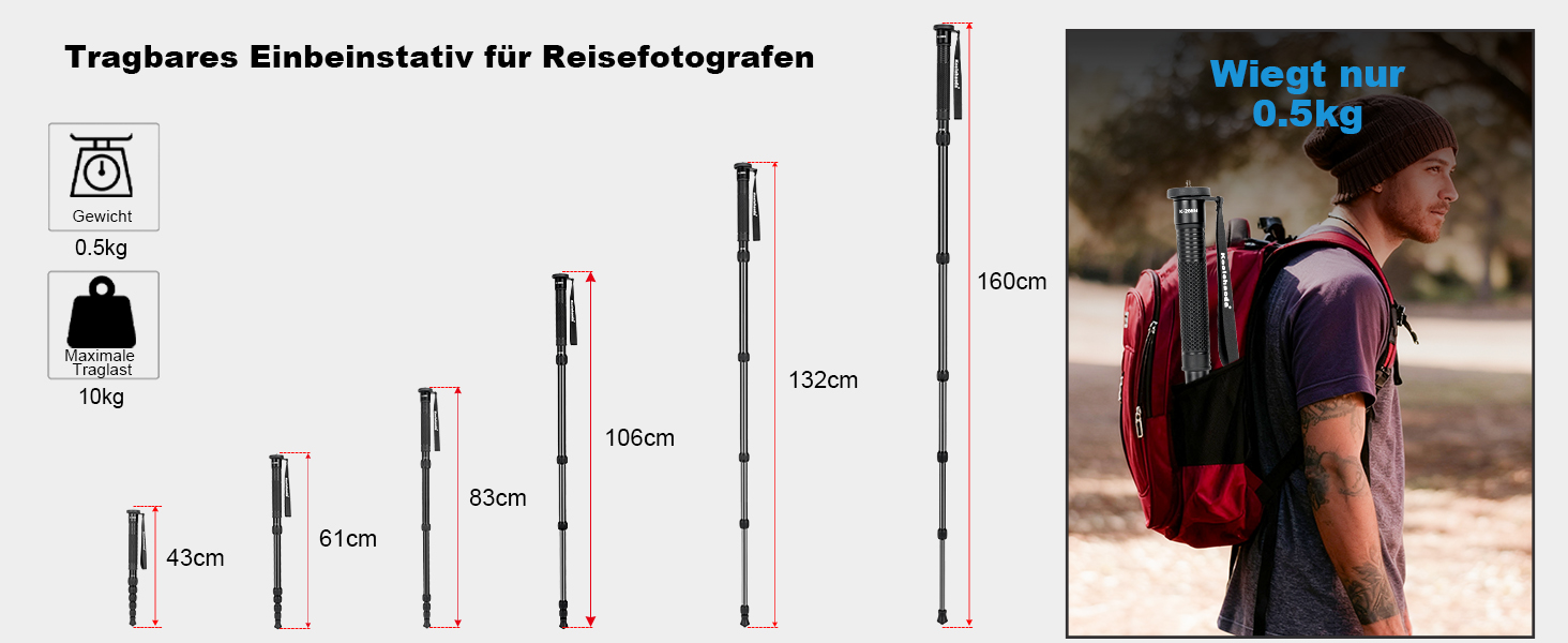 Штатив Koolehaoda 160 см з алюмінію з ручкою-підтримкою та тримачем для телефону, 1/4'-3/8' адаптер для DSLR/відеокамер, смартфонів
