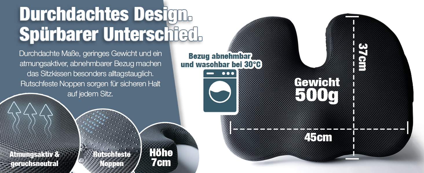 Ортопедична подушка для сидіння Steißbein з Memory Foam, 3 ступені жорсткості. Для офісного крісла, авто, дому. Розвантаження при тривалому сидінні. Чорний, 60-90 кг.