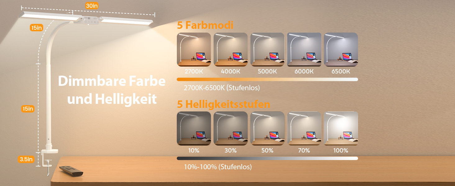 LED лампа настільна з двома головками, регульована яскравість, кріплення на струбцині, захист очей, денне світло, для офісу та ПК, RGB