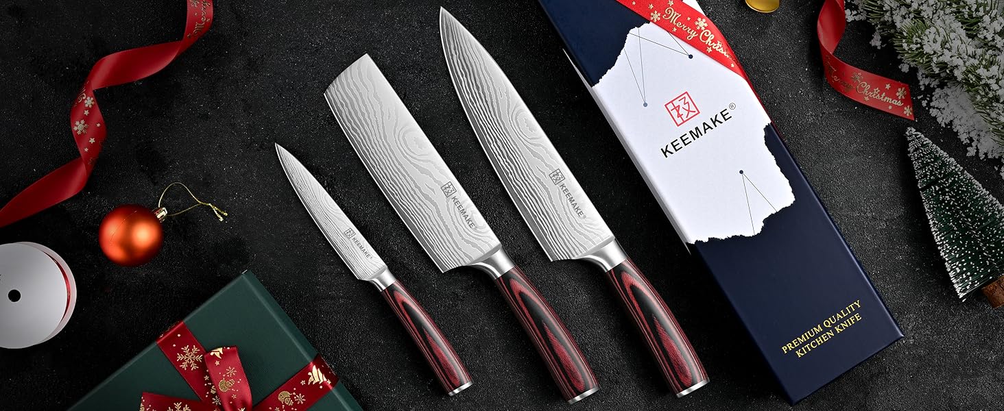 Професійний набір кухонних ножів KEEMAKE (5 предметів) з японської сталі та руків'я з пакхува, включаючи ніж сантоку та ніж для хліба, у подарунковій коробці