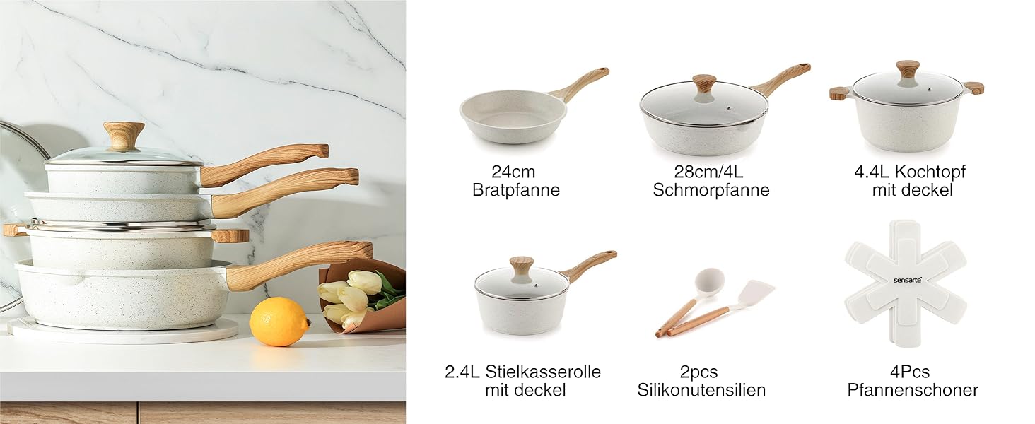 Набір посуду SENSARTE з антипригарним покриттям Ceramic, 13 предметів: каструлі та сковороди. Безпечний набір посуду з нержавіючої сталі з Cool-Touch ручками, силіконовими інструментами та захистом для дна. Без PFOA/PTFE/PFAS. Білий.