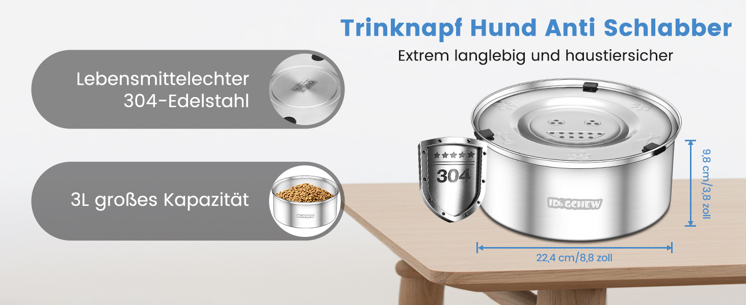 Миска для собак без облизування, нержавіюча сталь, протиковзаюча, витокостійка, легко миється, 3L, срібна