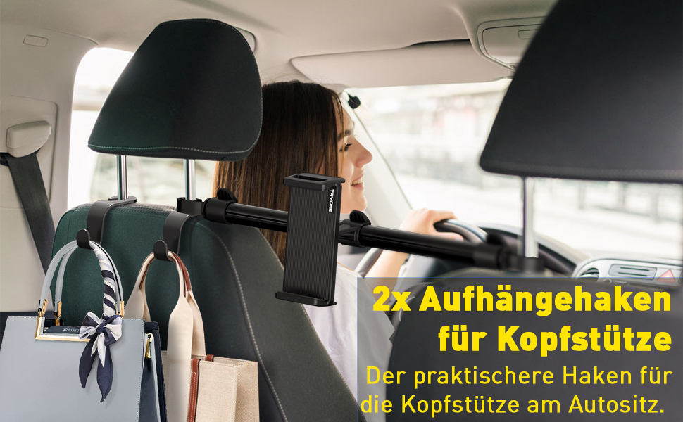 Автотримач для планшета TRYONE, універсальний, регульований, для підголівника, 4,7-12,9 дюймів, з 2 гачками, чорний, сумісний з iPad, Samsung Galaxy Tab, Switch, смартфонами