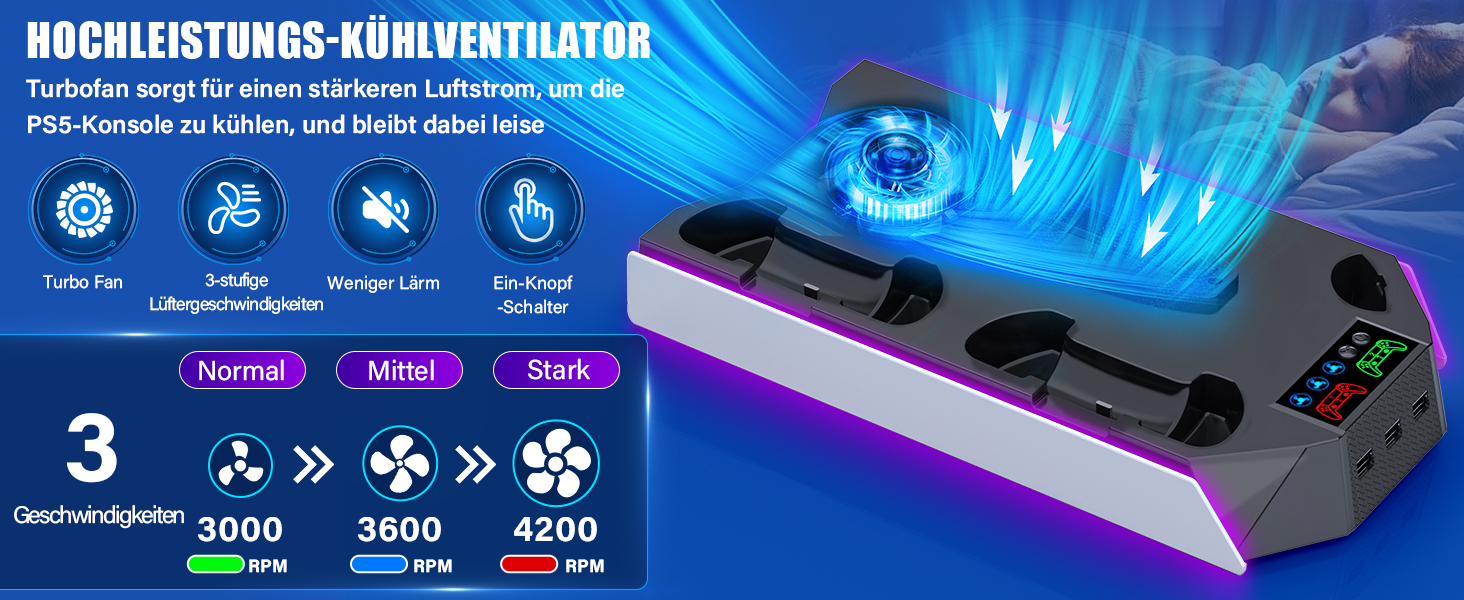 Підставка для PS5 Slim/Pro з зарядною станцією для контролера PlayStation 5 (Disc/Digital), аксесуари PS5 з RGB підсвіткою, вентилятор, тримач для навушників, USB хаб, чорно-білий, Q511