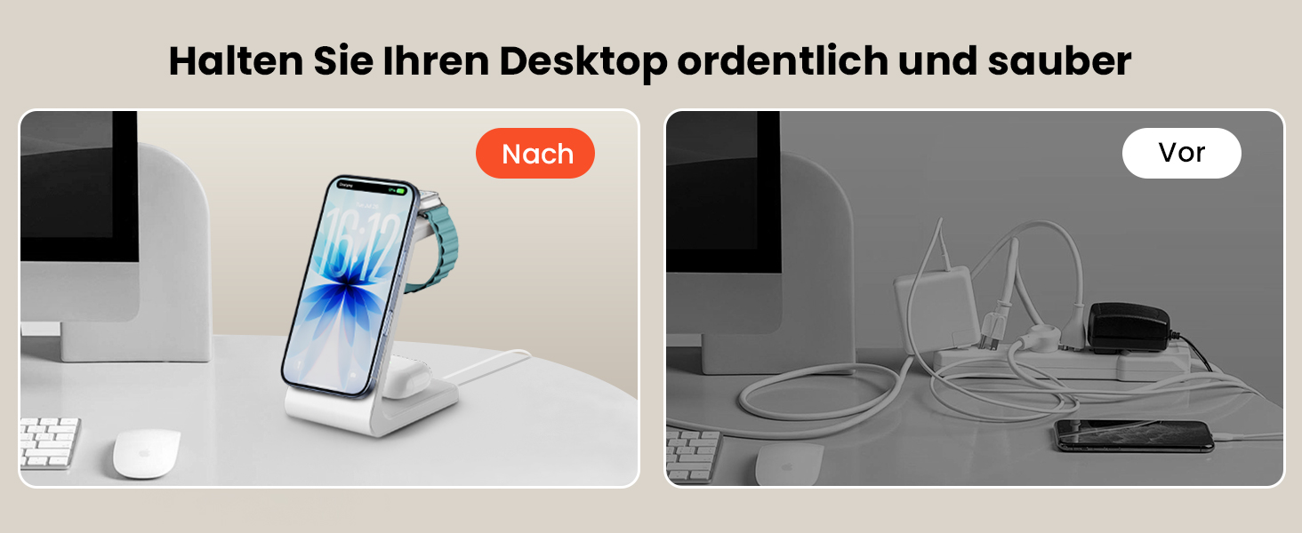 GEEKERA 3-в-1 зарядний пристрій Qi2 з MagSafe, 15W індукційна станція для iPhone 17/16/15/14/13/12, Apple Watch 11-2 та AirPods, білий/сірий