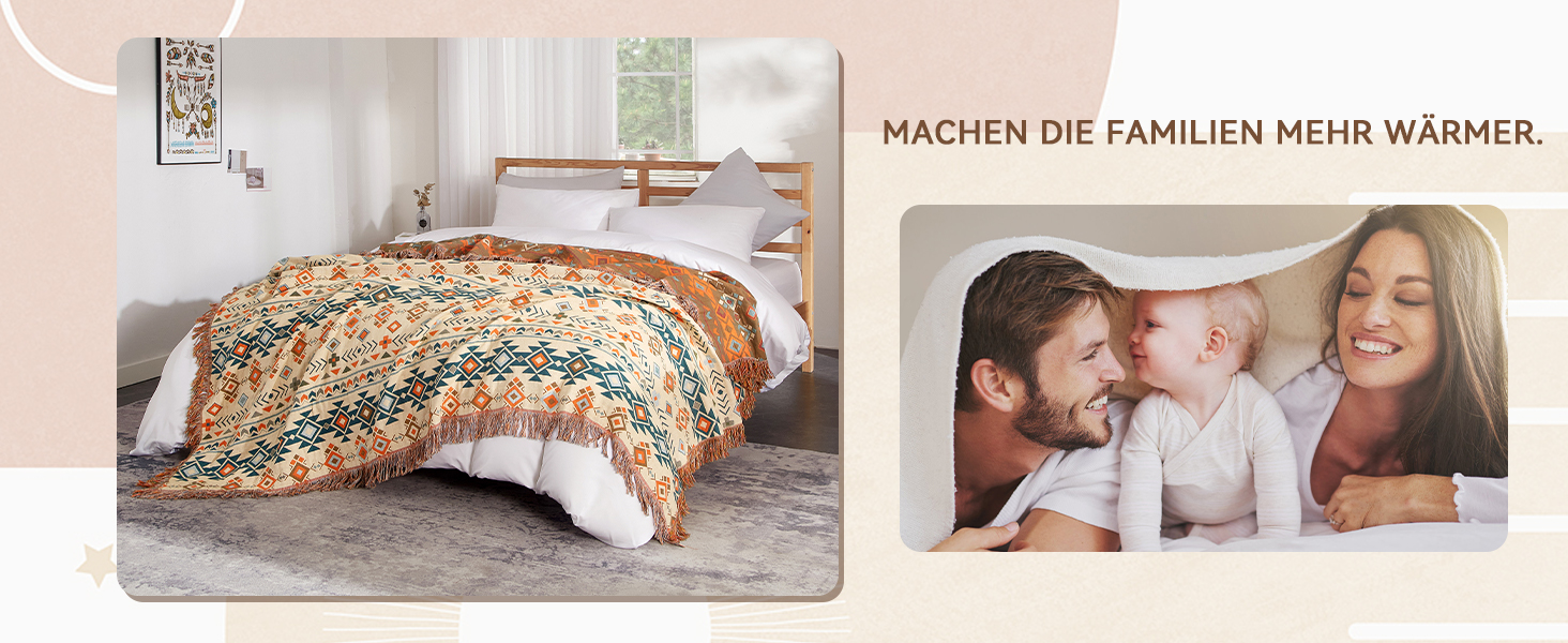 Плед Boho Softexly з 100% бавовни – двостороння муслінова ковдра 150x200 см, м'який плед на диван та покривало на ліжко, естетичний дизайн, ідеально для вітальні та спальні, помаранчево/блакитний (150 x 200 см, стиль модерн)