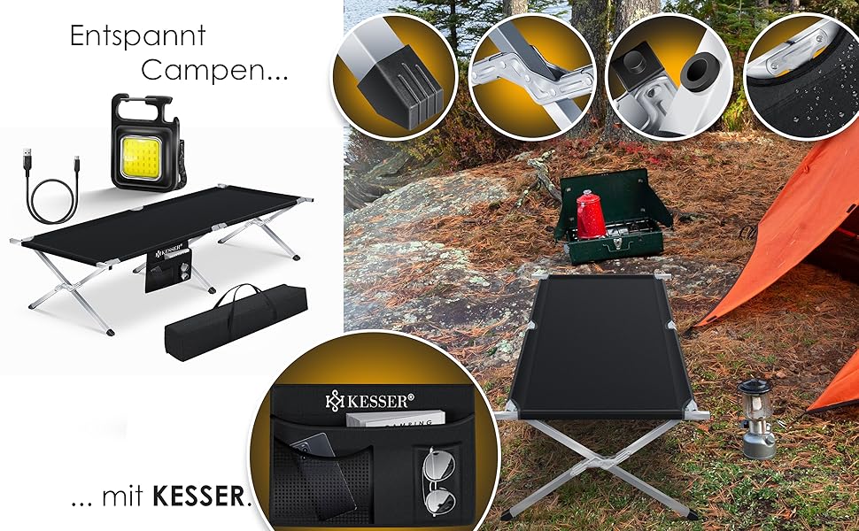 Кемпінгове ліжко KESSER® розкладне з сумкою, ліхтарем та бічною кишенею. Стабільне, металеве, 150 кг, 600D Oxford, 190/210 см, чорне