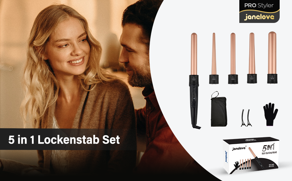 Janelove Welleneisen 3 Fässer: Керамічний локон для волосся 10-32 мм, 180°C/210°C, 5 в 1, з кліпсами та рукавичкою (Чорний, Рожеве золото)