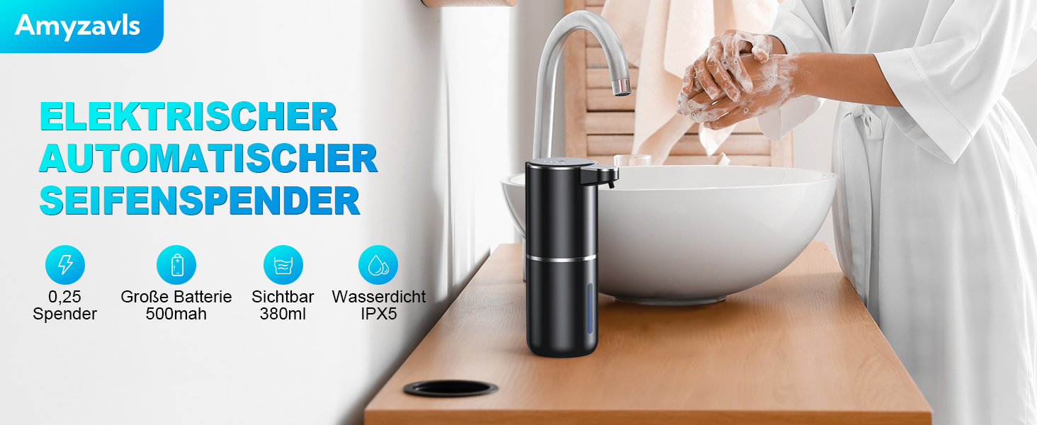 Автоматичний диспенсер для мила Amyzavls, 380 мл, USB, інфрачервоний сенсор, настінний, чорний