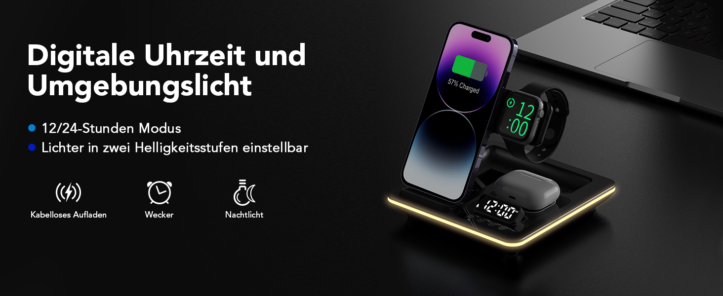 Багатофункціональна зарядна станція Hatalkin 5 в 1 для iPhone, Apple Watch та AirPods Pro. З функцією будильника та нічника, срібна