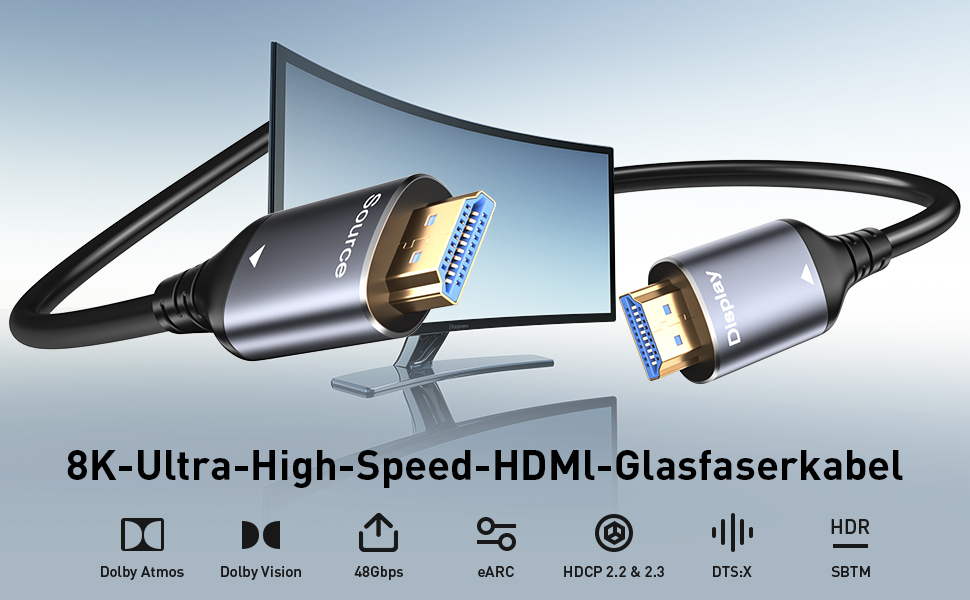 HDMI кабель оптичний 8K 15м, HDMI 2.1, 48Gbps, Ultra High Speed, CL3, AOC, 8K@60Hz, 4K@120Hz/144Hz, Dynamic HDR, eARC, Dolby HDCP2.2, сумісний з PS5, Xbox Series X, PC, TV