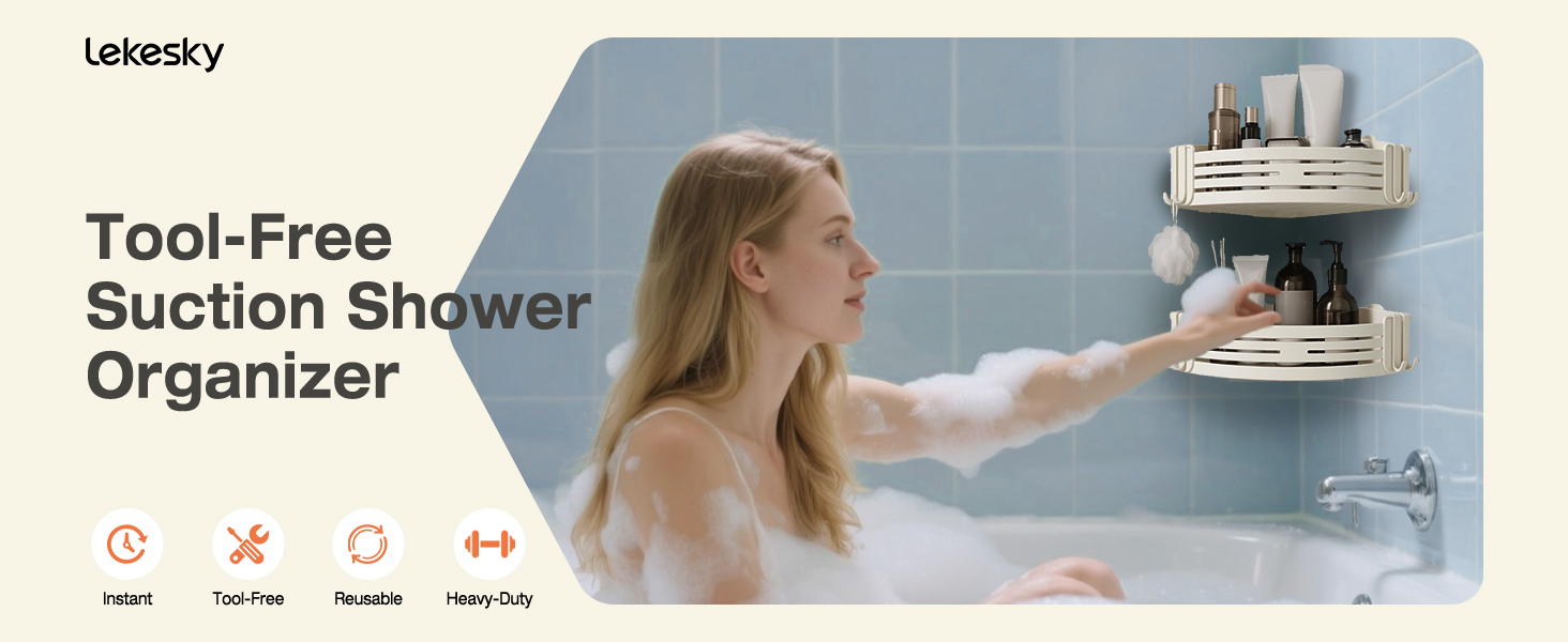 Полка для душу Lekesky без свердління, кутова, з міцними присосками, алюміній, нержавіюча сталь, знімна, для ванної кімнати, кухні, орендованого житла (2 шт., кремовий)