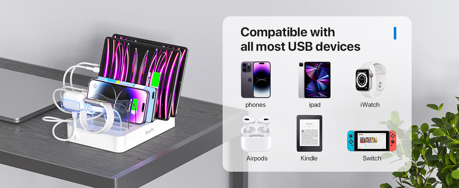 Зарядна станція SooPii USB з органайзером на 6 портів 50W, 6 кабелів, тримач для Apple Watch, біла
