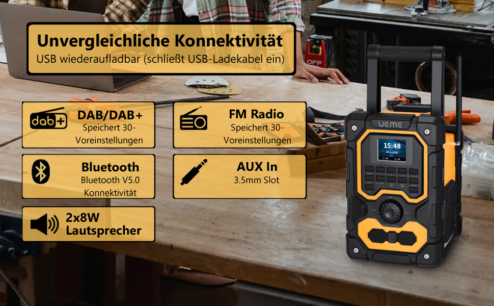 Радіо для будівельного майданчика DAB+ FM з Bluetooth 5.0, 16W стерео, акумулятор 8000mAh (18h), USB зарядка, Aux, вологозахист, пилозахист (жовто-чорне)
