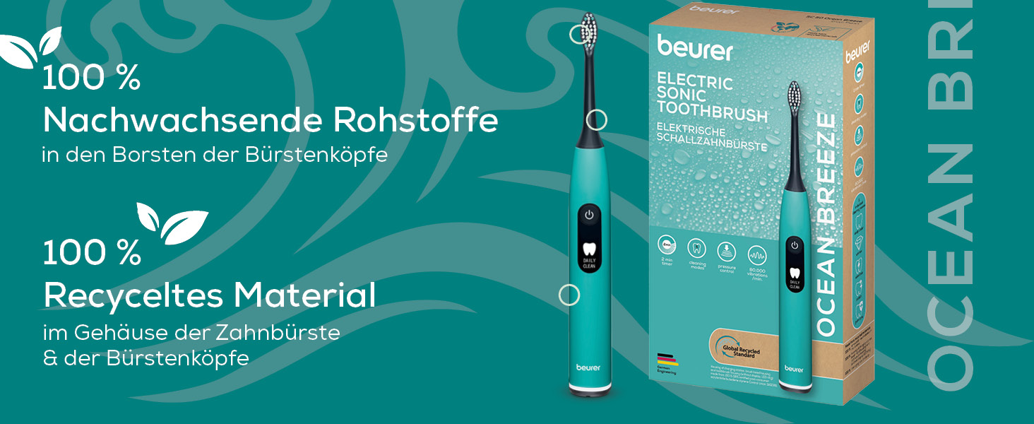 Електрична зубна щітка Beurer SC 50 з 5 режимами чищення та датчиком тиску, 80 000 коливань, дисплей, 2 насадки (Ocean Breeze)