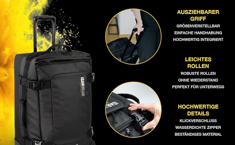 Чемодан ручної поклажі Isar Gear® з 2 колесами (50x35x20 см) - Легкий дорожній чемодан 20 літрів з тканини, ручний ролер, м'який кейс (Softcase) чорного кольору з колесами, висота 50 см