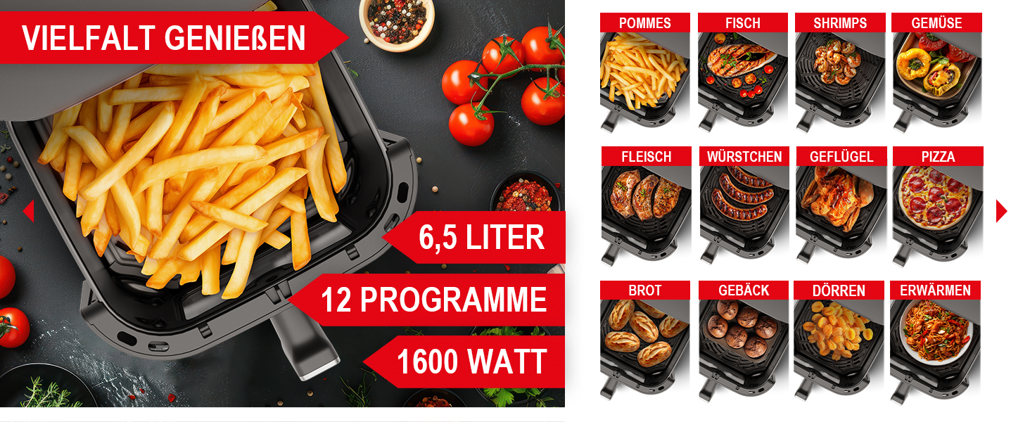 Фритюрниця ONBEST з великим оглядовим вікном та 12 програмами приготування – XL Airfryer об'ємом 6,5 л, 1600 Вт + 100 листів пергаментного паперу для випікання. Готування без олії для 2-5 осіб