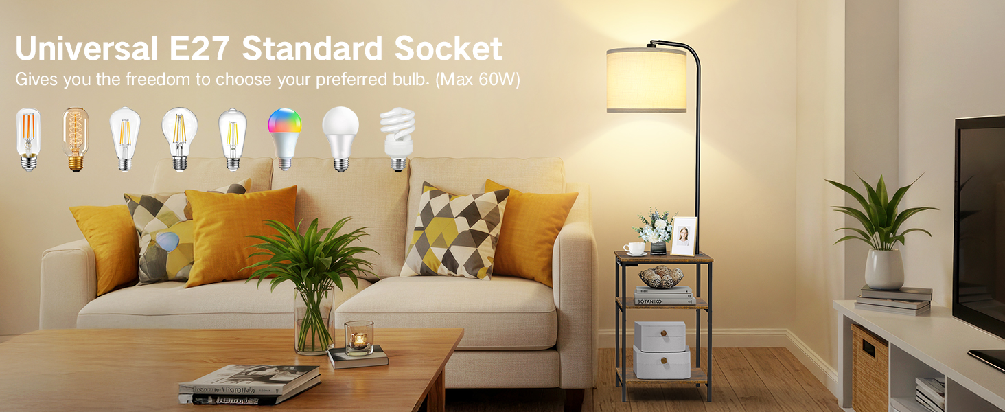 Стійка лампа для вітальні з поличкою та столом, регульована LED лампа з пультом, 3 колірні температури, приліжний столик з функцією зарядки та полицею, дерев'яний столик для спальні, офісу, коричневий в стилі рустік