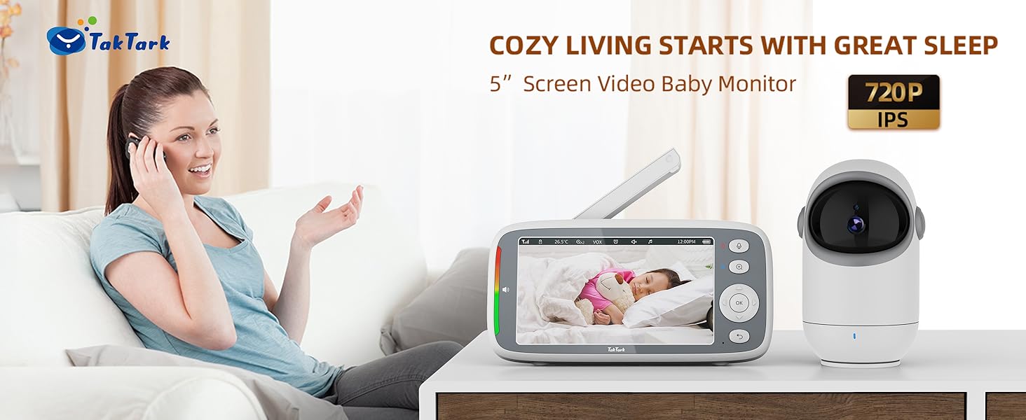 Дитячий відеоняня TakTark з камерою, 5'' IPS екран, поворот 300°, VOX, двосторонній зв'язок, нічне бачення, контроль температури