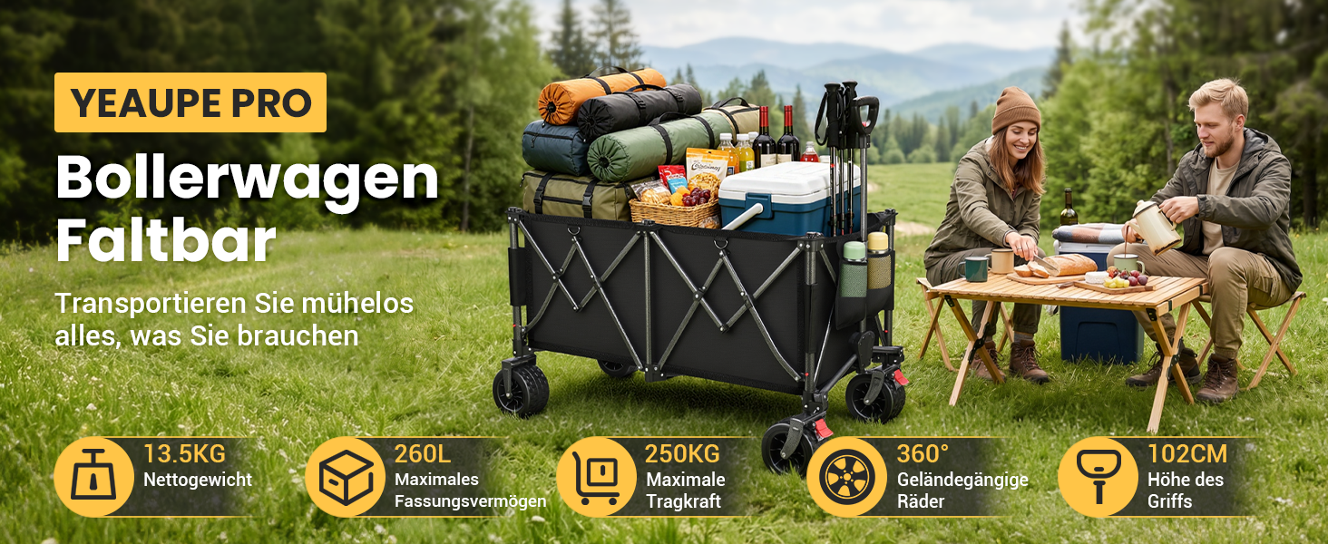 Візок-садовий YEAUPE PRO 260L, вантажопідйомність 250 кг, гальма, колеса All Terrain 17x10 см, чорний