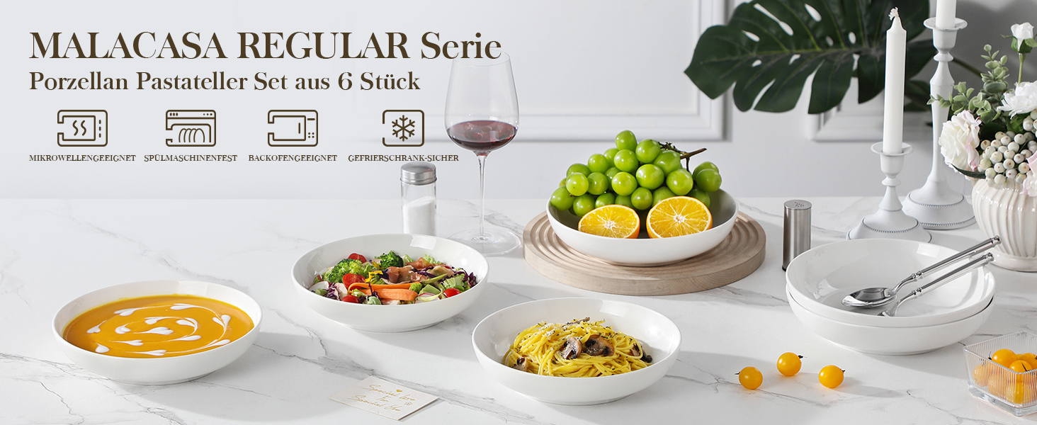 Набір посуду MALACASA, 6 предметів: тарілки для пасти, супу, салату, сервірування. Білий порцелан, 1250 мл