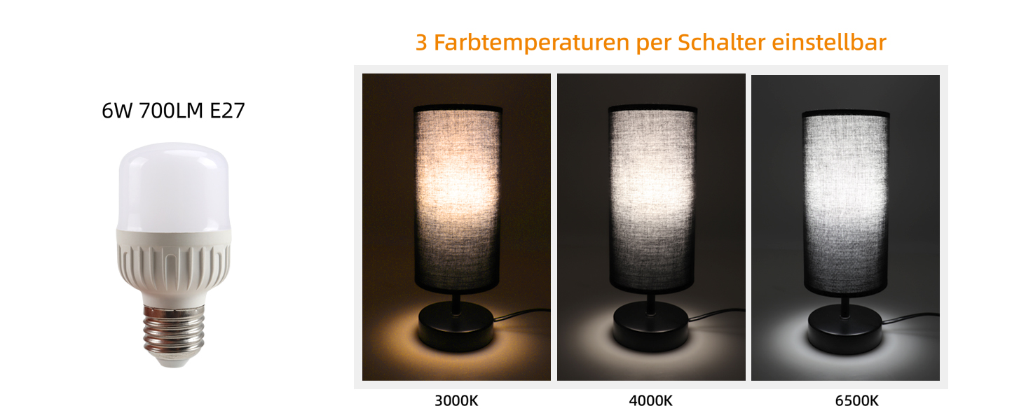 Настільна лампа чорного кольору 2 шт. з LED-лампочками 6W, патрон E27, вимикач на кабелі, 3 колірні температури (3000K/4000K/6500K) з функцією пам'яті, сучасна LED-лампа для спальні/вітальні, 2 лампочки в комплекті