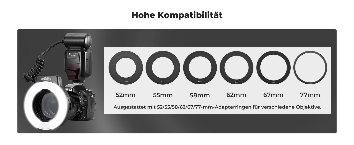Кольцевий світловий прилад K&F Concept TTL для Nikon DSLR, GN 14, з AF-підсвічуванням та адаптерними кільцями