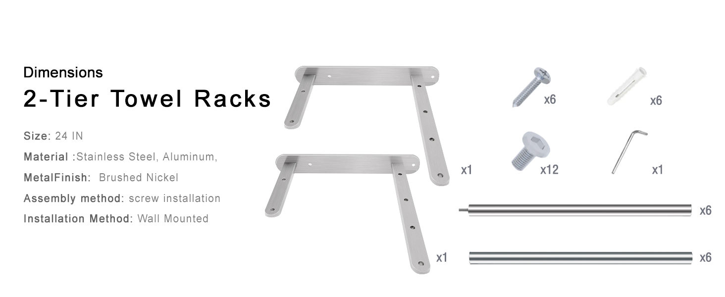 Тримач для рушників у ванну кімнату – 61 см, полиця для рушників з подвійною перекладиною, нікельована сталь, кріплення на стіну, 2-ярусний, для ванної кімнати та туалету