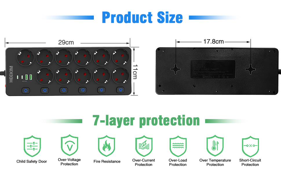 Мережевий фільтр HEEKIM з USB, 11 розеток, 2 USB-A та 2 USB-C, 4000W, 16A, з індивідуальним вимикачем, 2м кабель, для дому, школи, офісу, чорний