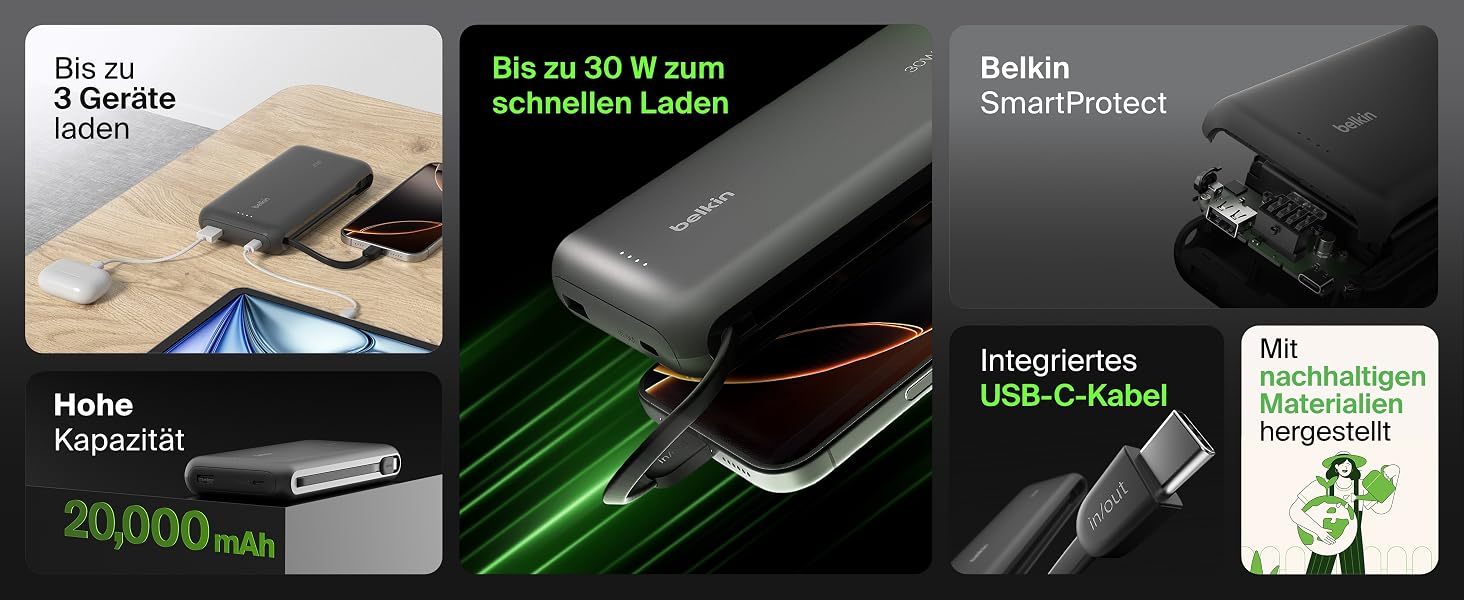 Зовнішній акумулятор Belkin Portable Powerbank 20000 mAh 30W з вбудованим кабелем USB-C PD для iPhone 16, iPad Pro, Samsung Galaxy S25, чорний