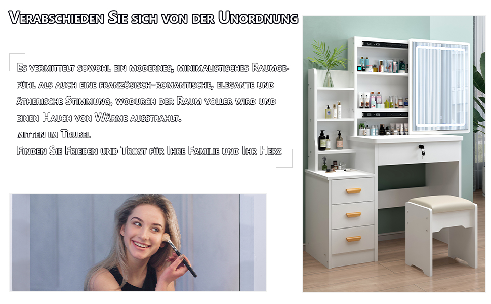 Туалетний столик з LED-підсвіткою, дзеркалом і регульованою яскравістю, з табуретом, 3 шухлядами та 5 полицями, сучасний косметичний стіл з дерева, білий