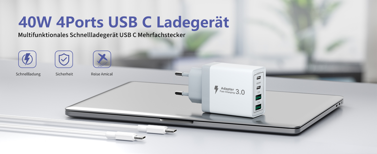 Мережевий адаптер USB-C на 4 порти з кабелем USB-C на USB-C 2м, 40W, PD 3.0, для iPhone, Samsung, смартфонів