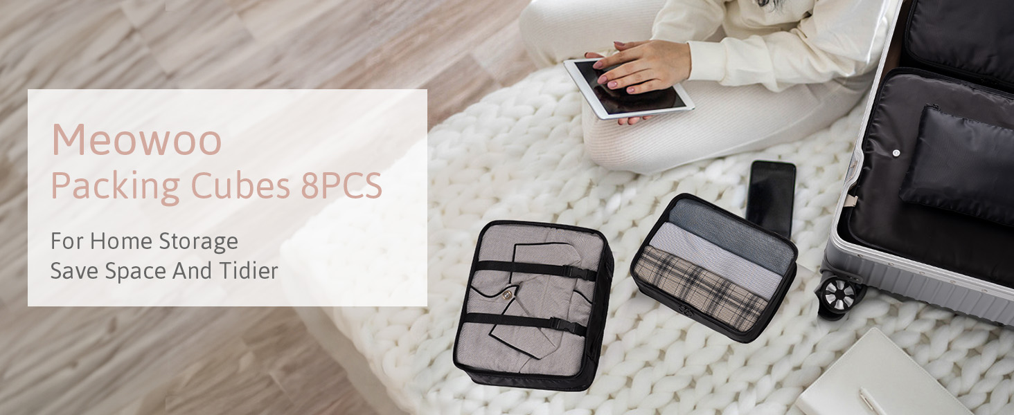 Органайзер для валізи Meowoo, набір 8 шт., кубики для пакування, чорний. Організація багажу для подорожей та бізнесу.