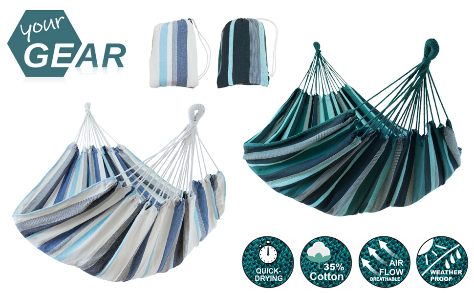 Гамак yourGEAR Cebu XXL 220x160 см, бавовна, зелений/блакитний, до 300 кг, для двох осіб, з сумкою