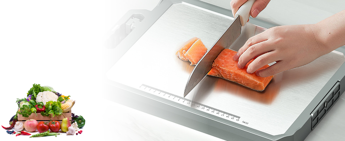 Ніжне нарізне дошка XIAPIA з нержавіючої сталі 304 та пластику з точилкою для ножів, 44x30x2,6 см, велика кухонна дошка з антибактеріальним покриттям, без BPA, з вбудованим ручкою та лінійкою, сіра