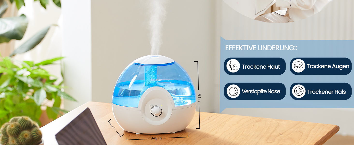 Зволожувач повітря Raydrop 2.2L для спальні, ультразвуковий, тихий (28dB), з нічним підсвічуванням (блакитний)