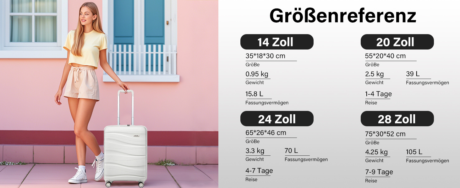 KONO Валіза ручної поклажі 55см з поліпропілену, 4 колеса, TSA-замок, 55x40x20см (Крем-білий)