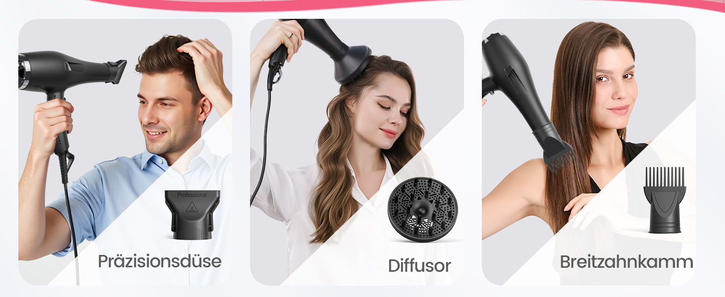 Dekuri Professional Ionic Hair Dryer with Diffuser & Styling Nozzles - 3 Heat & 2 Speed Settings, 2.5m Cord - Powerful Hair Dryer for Family Use (Black)