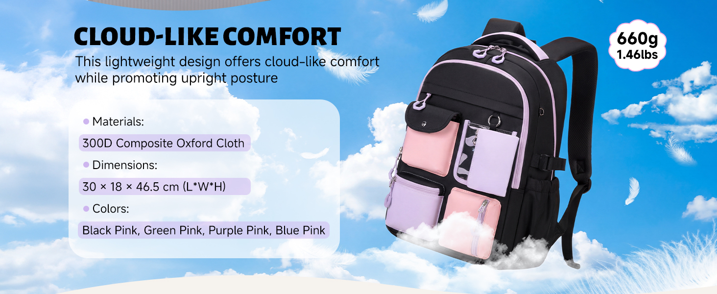 Шкільний рюкзак Tanou для дівчаток: великий, з тканини Oxford, з багатьма відділеннями, чорно-фіолетовий