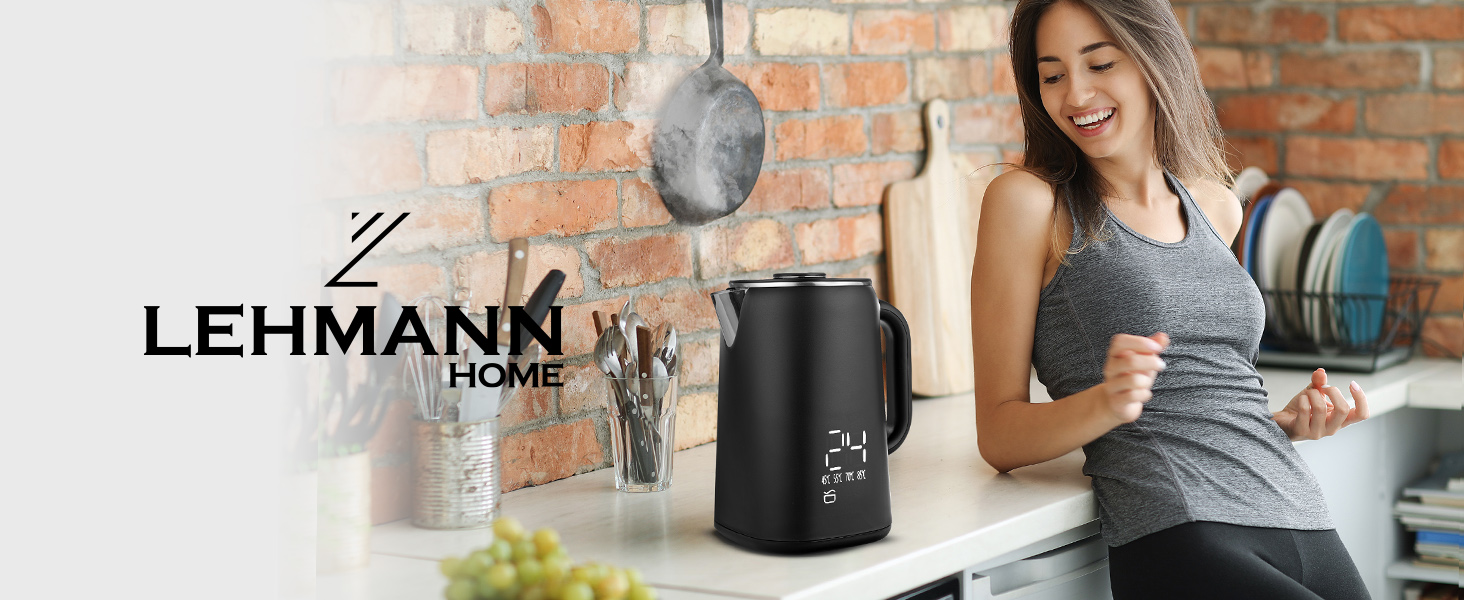 Електричний чайник-заварник Lehmann з нержавіючої сталі, 1,7 л, терморегуляція 45-100°C, з термостатом та дисплеєм, чорний