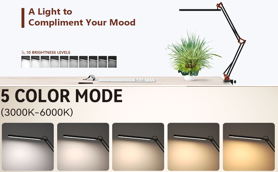 SKYLEO Dimmable Desk Lamp with Clip - Eye Protection LED Desk Light - 3 Modes & 10 Brightness Levels - Black (Rose Gold & Black)