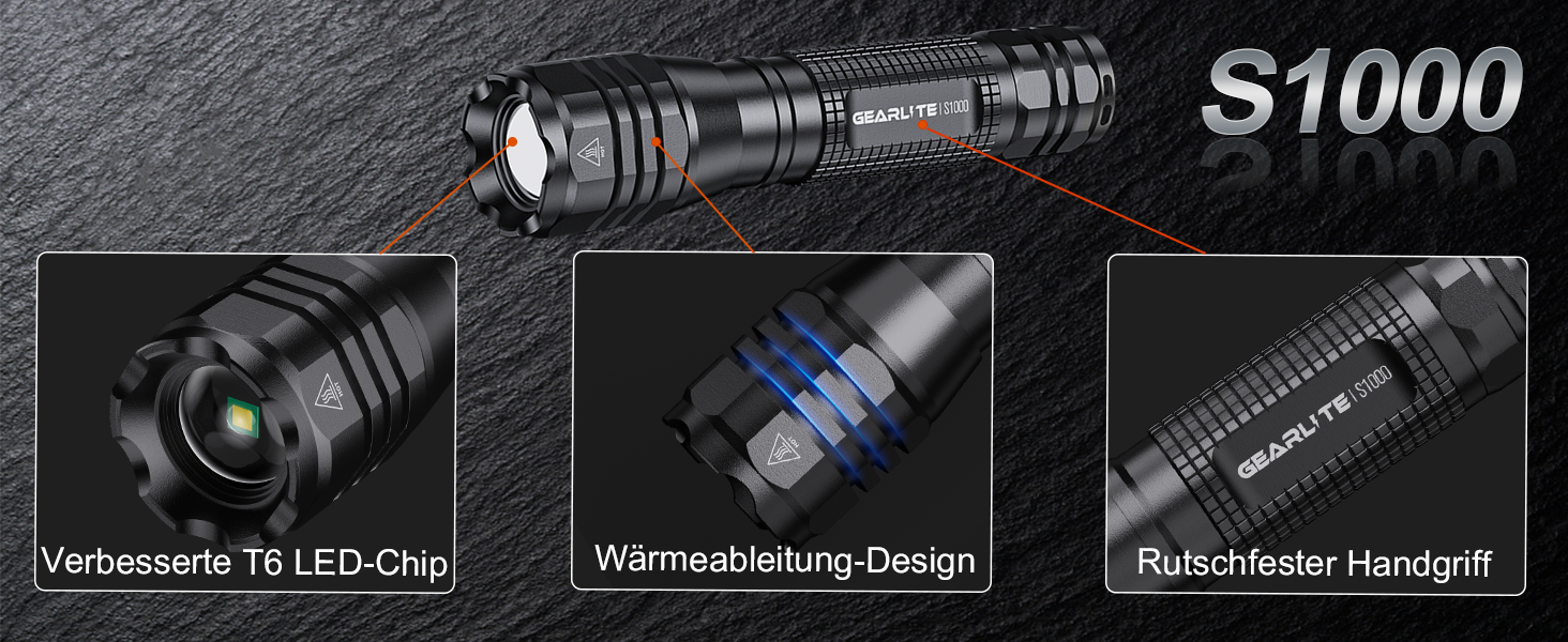 LED ліхтарик GEARLITE 4000 Lumen: 2 шт. в комплекті, водонепроникний, з зумом, для кемпінгу, туризму, надзвичайних ситуацій