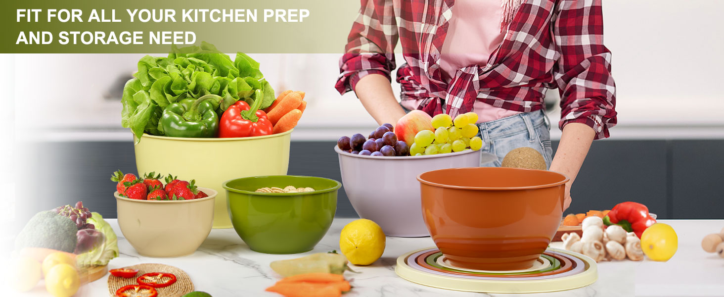 Набір салатниць з кришкою, міски для перемішування з пластику, набір вкладишів для кухні, великий набір місок, сервіровочні тарілки ідеальні для змішування та подачі, BPA-free (Жовтий)