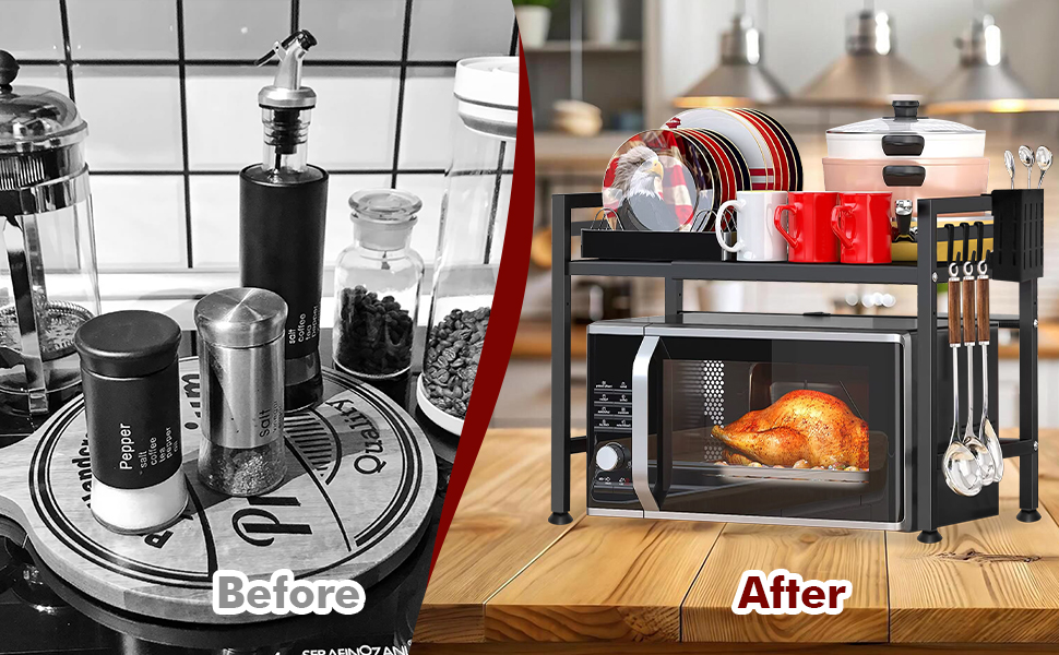 Регульована полиця для мікрохвильової печі, 2-ярусна розширювана кухонна полиця на стільницю, кухонна полиця зі сталі, полиця для мікрохвильової печі з 8 гачками, тримач для кухонного приладдя, чорний