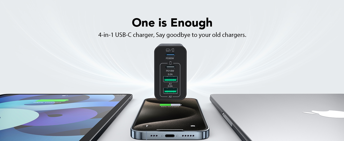 Зарядний пристрій USB-C 65W з 3 портами, кабель 2м, для MacBook, iPhone, Switch, Galaxy, Tablet, Laptop (Чорний)